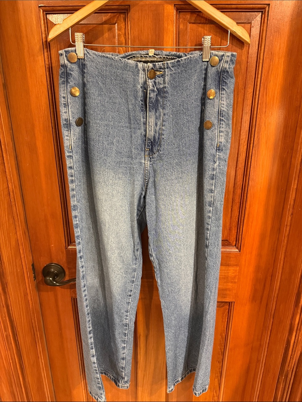 High-Waist Button-Trim Light Blue Denim Jeans